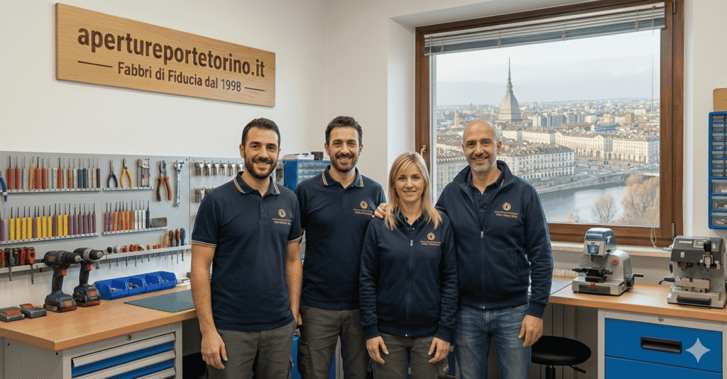 Gruppo di lavoro in laboratorio attrezzato.